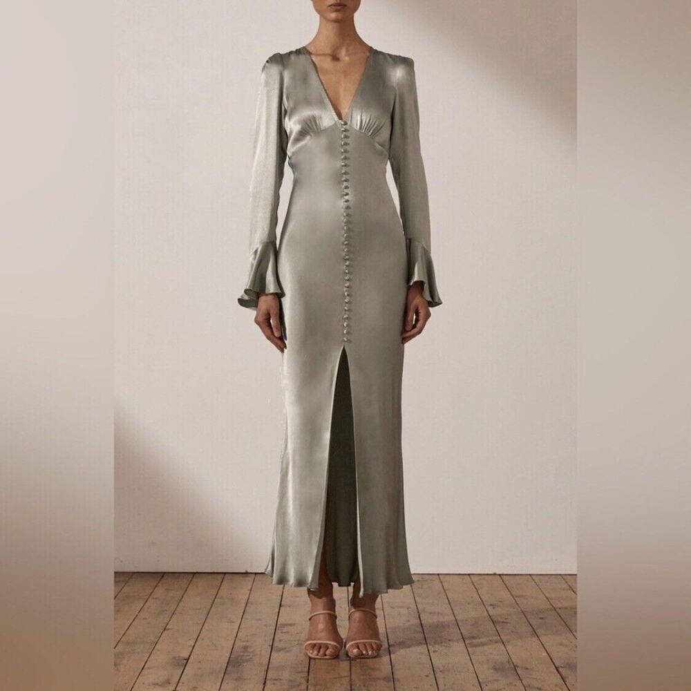 NWT Shona Joy La Lune Frill Cuff Bias Button Satin Midi Dress Sage AU 10 / US 6